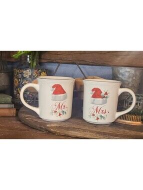 Pfaltzgraff Winterberry Mr. and Mrs. Santa Hat Christmas Mug Set.